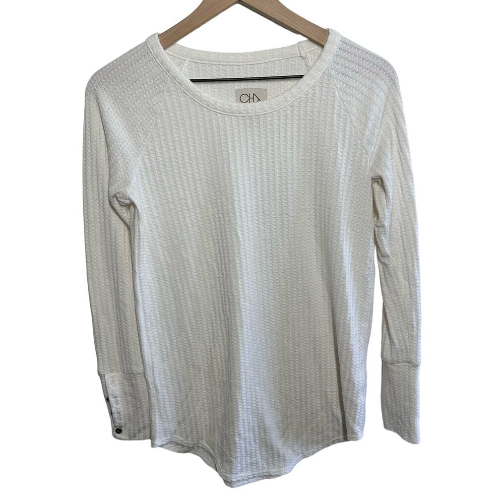 Chaser Women's White Thermal Waffle Knit Long Sleeve Top Size Small Cozy Staple